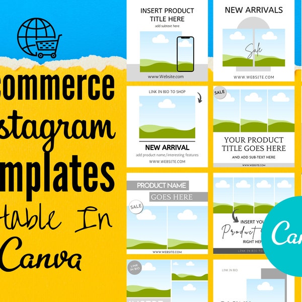 12 E-commerce Instagram Templates Editable In Canva, Product-based Business Marketing Bundle, Social Media Graphics, Business IG Feed Post