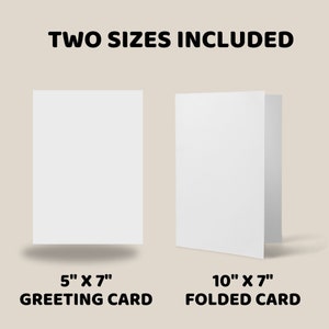 May include: Two blank greeting cards in different sizes. The smaller card is 5 inches by 7 inches and the larger card is 10 inches by 7 inches.