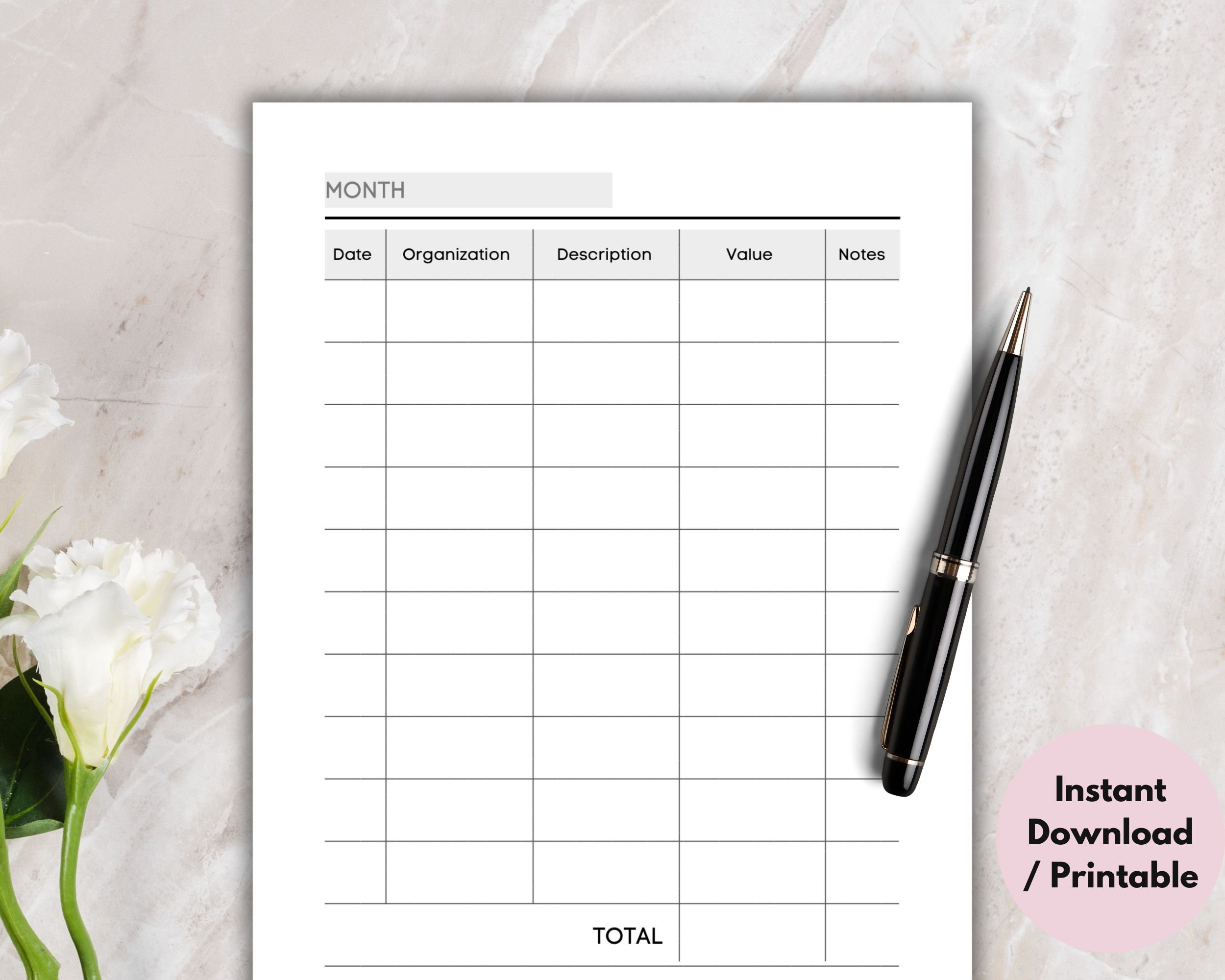 Donation Log Printable, Charitable Sheet, Tithe Form, Business ...