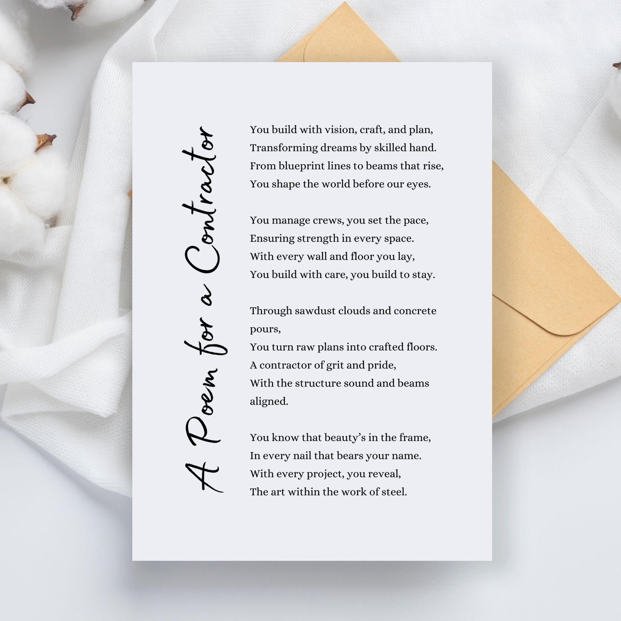Contractor Poem Gift Card Printable Wall Art Appreciation Gift Builder ...