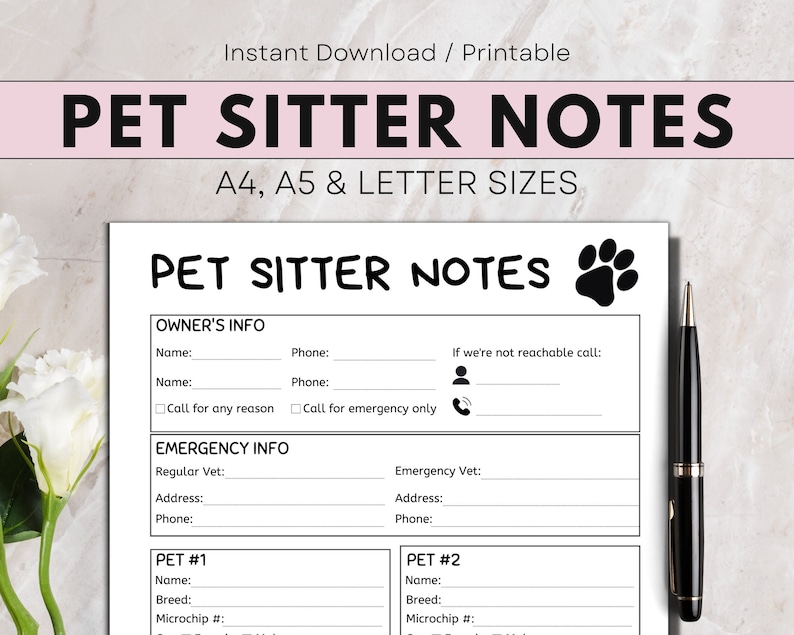 Pet Sitter Notes Printable, Dog Cat Walker, Pet Care Instruction Form