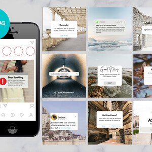 Op de afbeelding: Een collage van negen Instagram-story-sjablonen met verschillende ontwerpen en tekst. De sjablonen bevatten een herinnering, een vraag, een poll, een aankondiging van goed nieuws, een succescitaat, een wist je dat-feit en een vraag-me-alles-prompt. De sjablonen hebben verschillende achtergronden, waaronder een stadsbeeld, een strand en een tunnel.