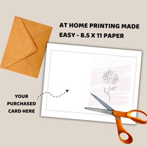 May include: A printable card template featuring a simple line drawing of a flower with pink and white watercolor-style background. The card is designed to be printed on 8.5 x 11 inch paper and cut out for use.