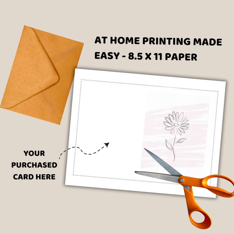 May include: A printable card template featuring a simple line drawing of a flower with pink and white watercolor-style background. The card is designed to be printed on 8.5 x 11 inch paper and cut out for use.