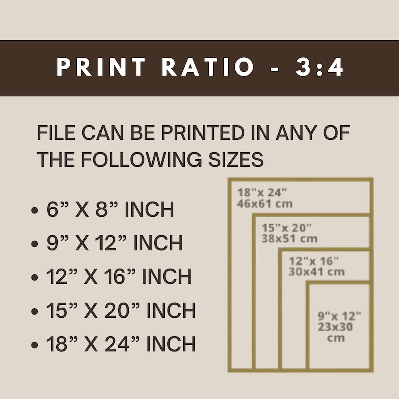 Puede incluir: Gr&aacute;fico con el texto "PRINT RATIO - 3:4" y una lista de tama&ntilde;os de impresi&oacute;n en pulgadas y cent&iacute;metros. Los tama&ntilde;os incluyen 6" x 8", 9" x 12", 12" x 16", 15" x 20" y 18" x 24" (46x61 cm).