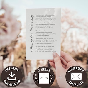 May include: A white card with a poem titled "a Poem for Our Pastor's Wife" is held by a hand. The card is accompanied by two circular graphics that read "Instant Download" and "Envelope Template". The card is available in 5x7 and 8.5x11 inch sizes.