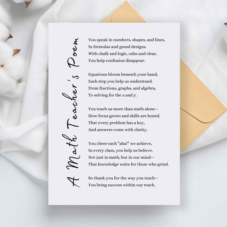 Math Teacher Poem Gift Card Printable Wall Art Appreciation Educator ...