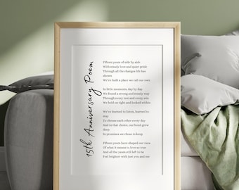 Presentkort för 15-årsjubileum, dikt, utskrivbar väggkonst, present till femtonårsjubileum, kristalljubileum, kärleksminne, romantisk heminredning