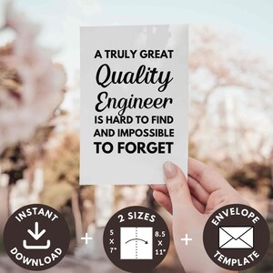 May include: A white card with the text "A Truly Great Quality Engineer Is Hard to Find and Impossible to Forget." The card is held by a person. Two circular icons are also present, one with a download symbol and the other with envelope template.