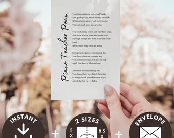 Tarjeta imprimible de regalo con poema para profesor de piano. Agradecimiento al instructor de música. Gracias por el recital. Recuerdo inspirador para el mentor.