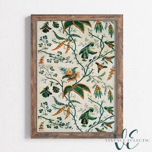 Puede incluir: Una impresión enmarcada con un patrón floral vintage en verde, naranja y blanco. El patrón es un diseño repetitivo de flores y hojas estilizadas.