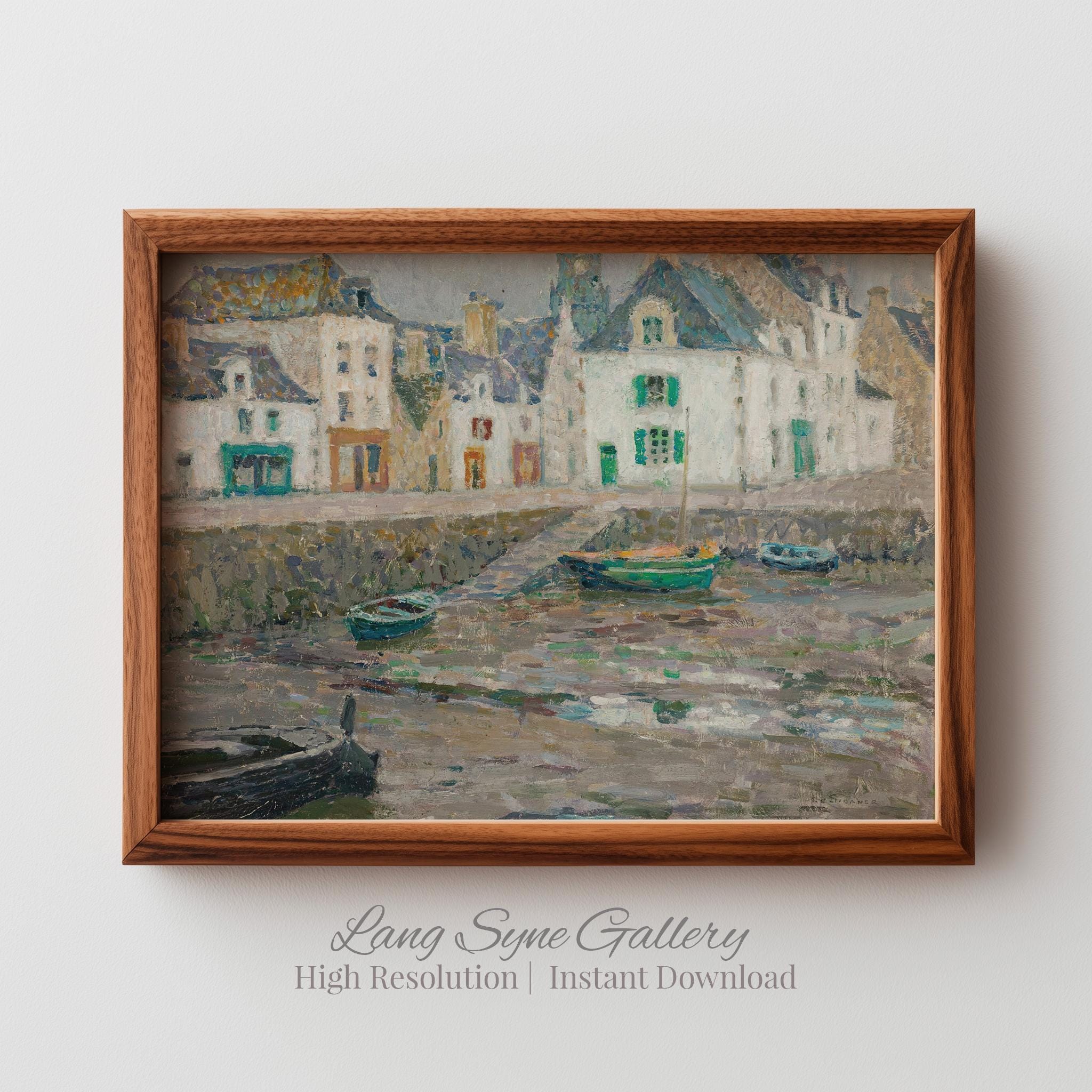 Moody Coastal Harbor Scene Printable - Vintage Seaside Cottages Art ...
