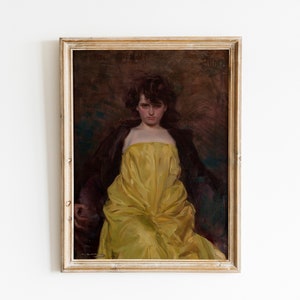 Printable vintage art portrait woman moody yellow dress 1900s