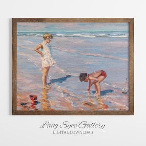 Children on Beach Painting | Countryside Wall Art | Cottagecore art | Modern Rustic decor | PRINTABLE