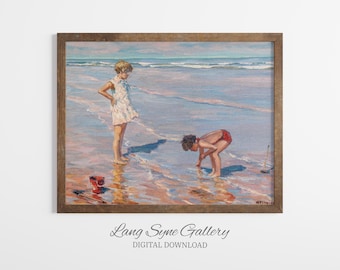 Vintage Beach Children Print – Impressionist Seaside Coastal Art (Digital Download)