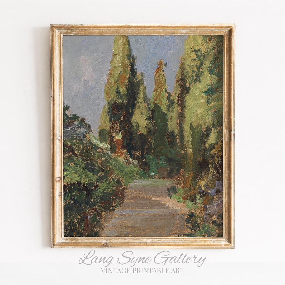Rustic Garden Path With Cypress Trees - Moody Cottagecore Landscape Art ...