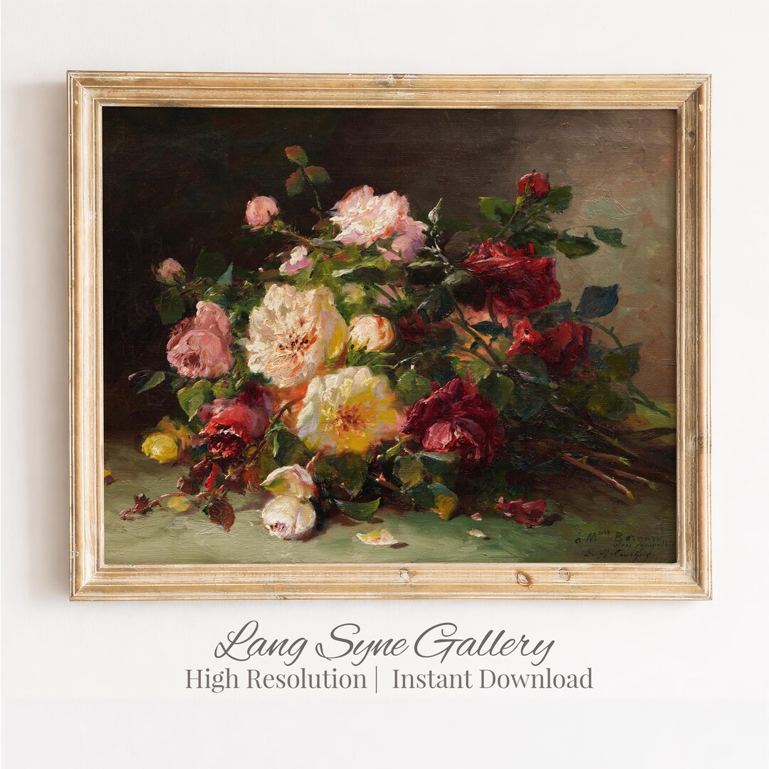 Vintage Floral Still Life Print - Moody Roses Painting, Cottagecore Art ...