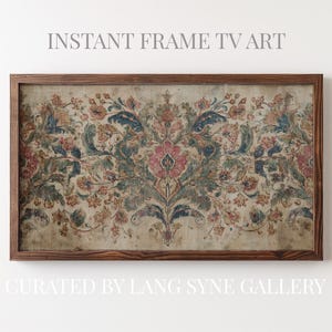 May include: Rectangular framed artwork with a floral pattern in shades of pink, blue, and beige. The frame is a dark brown color. The text "INSTANT FRAME TV ART" is at the top, and "CURATED BY LANG SYNE GALLERY" is at the bottom.