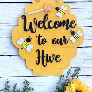 Welcome to our Hive / Bee Door Hanger / Bee Honeycomb /