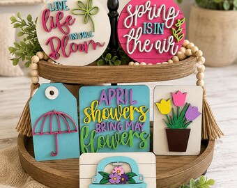Spring Tiered Tray Decor Set | April Showers Bring May Flowers | Farmhouse Spring Decor | Wooden Tier Tray Bundle | Easter Shelf Sitter Deco