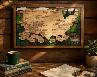May include: A wooden map of the United States, framed and layered with green and brown accents, depicting national parks. The map is on a wooden table with books, a map, a compass, and a green mug. The text "STUART & ALYSA ADVENTURE IS OUT THERE" is visible.