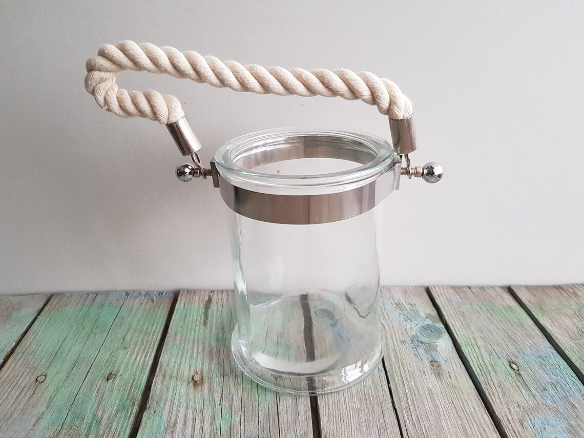 Vintage glass vase with rope handle Glass decor jar Storage Etsy