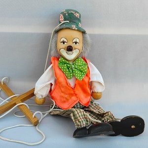 Cute Vintage Clown Marionette Puppet/Clown Puppet/Panama and Plaid Pants Puppet Clown|Old Porcelain Head Puppet Clown/Dancing Puppet Clown.