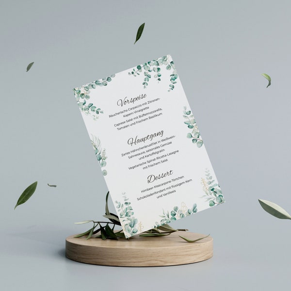 12 blank menu cards in different designs DIN A5 - individually customizable drink cards for weddings, birthdays, eucalyptus menu