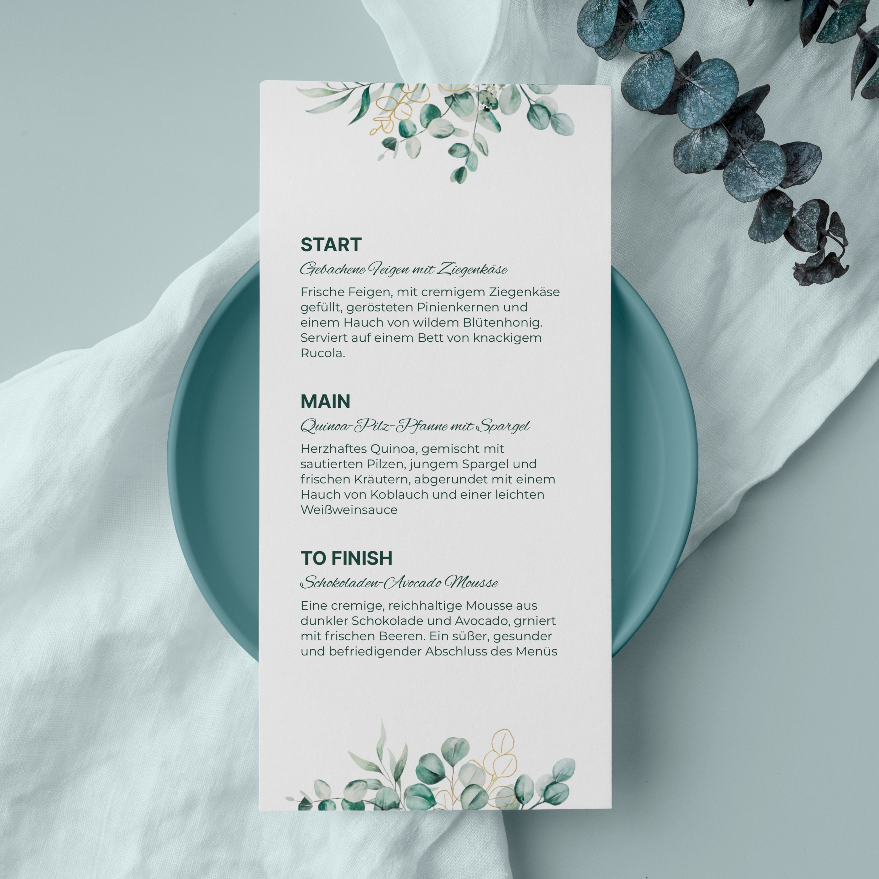 12x Blanko Menükarten DIN A5 – Eukalyptus Aquarell-Design, Bedruckbar, Für Hochzeit & Events