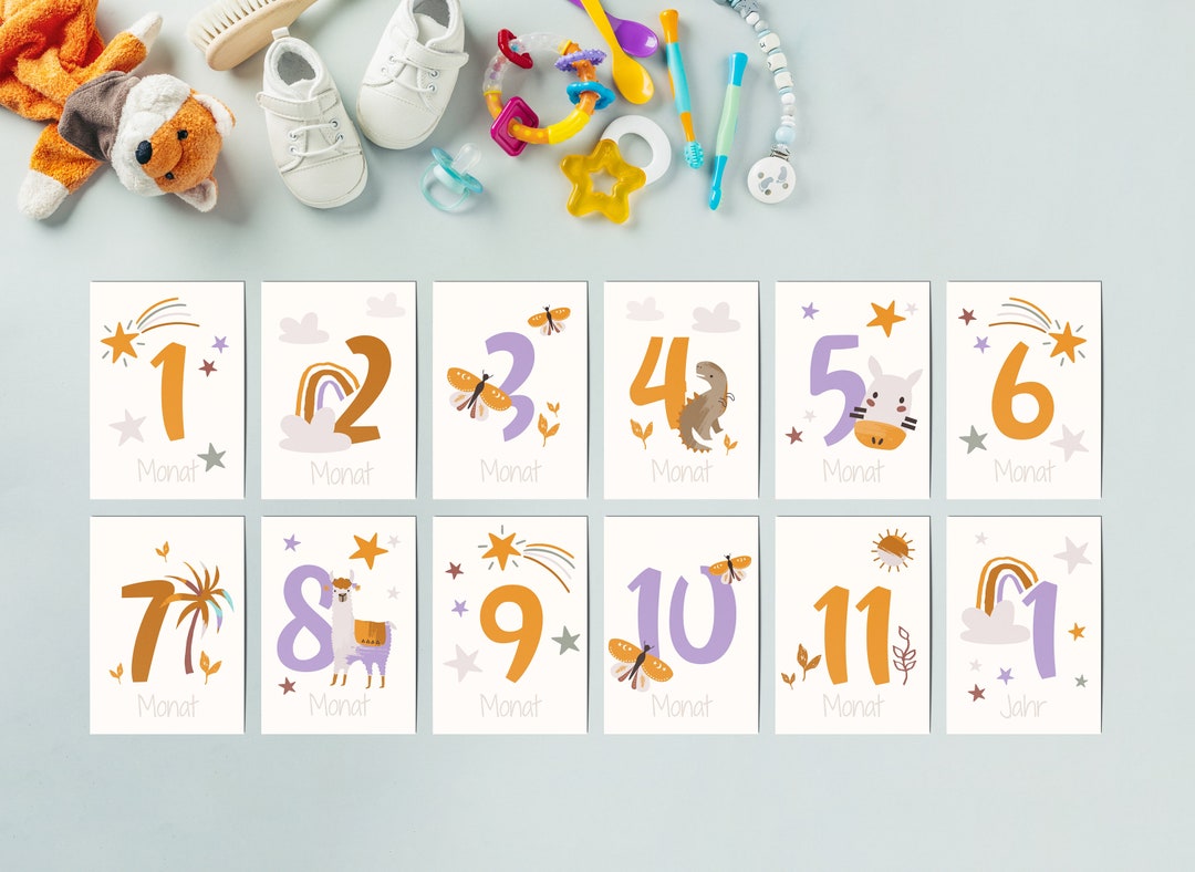 12 Cute Baby Milestone Cards With Animal Motifs to Print A6 Size DIY
