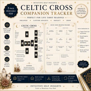 Puede incluir: Un rastreador de lecturas de tarot de cruz celta en formato PDF imprimible de dos páginas, que incluye una guía de referencia de la tirada y un registro estructurado para anotar posiciones de cartas, ideas intuitivas y reflexiones.