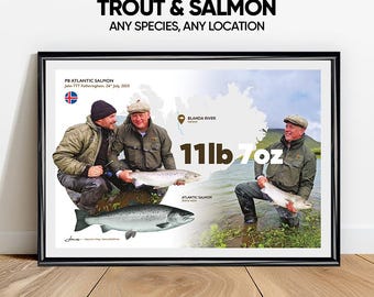 FLY FISHING Personalised Print – Custom Trout/Salmon Gift, Fishing Keepsake, Fly Angler Poster, Record Catch Wall Display