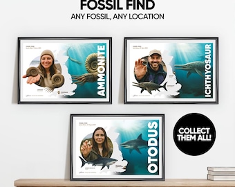 Custom Fossil Print – Personalised Discovery Gift with Your Photo, Name & Location | Ammonite, Shark Tooth, Ichthyosaur, Trilobite and more
