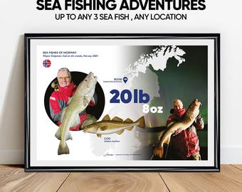 Personalised SEA FISHING Print – Custom Angler Wall Art, Fishing Gift for Dad, Personal Best Catch Artwork, Cod, Halibut, Bass, Shark & More