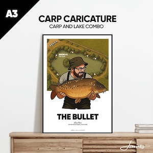 Puede incluir: Una ilustración de caricatura de una persona sosteniendo un gran pez carpa. El pez está etiquetado como "The Bullet" y pesa 43 lb 10 oz. La ilustración incluye un mapa de un lago con una zona de baño etiquetada como "Swim #1 The Gate".