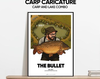 CARP CARICATURE – Custom Angler Gift, Carp Fishing Keepsake, Fisherman Wall Art, Lake Map, PB Carp