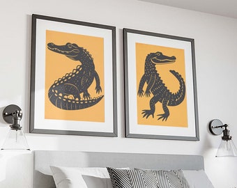 Primitive Alligator&#39;s | Set of two | Florida style | Coastal Decor | Art Deco | Kids Poster | Vertical Poster | 5x7, 11x17, 18x24