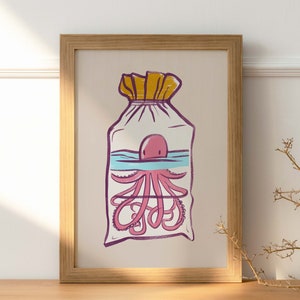 Oktopus im Beutel | Minimalistischer Stil | Küsten Dekor | Strand Wandkunst | Kinder Wandkunst | Kinder Poster | Vertikales Poster | 5x7, 11x17, 18x24