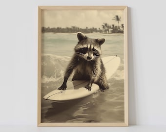 Raccoon Surfing | V3 | Photographic Style | Vertical Poster | 5x7, 11x17, 18x24