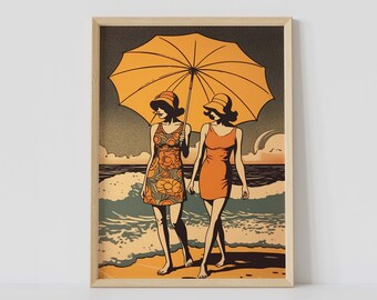 Women Walking on the Beach with a Yellow Umbrella | Coastal Decor | Beach Art | 1970's Post Card Aesthetic | Vintage | 5x7, 11x17