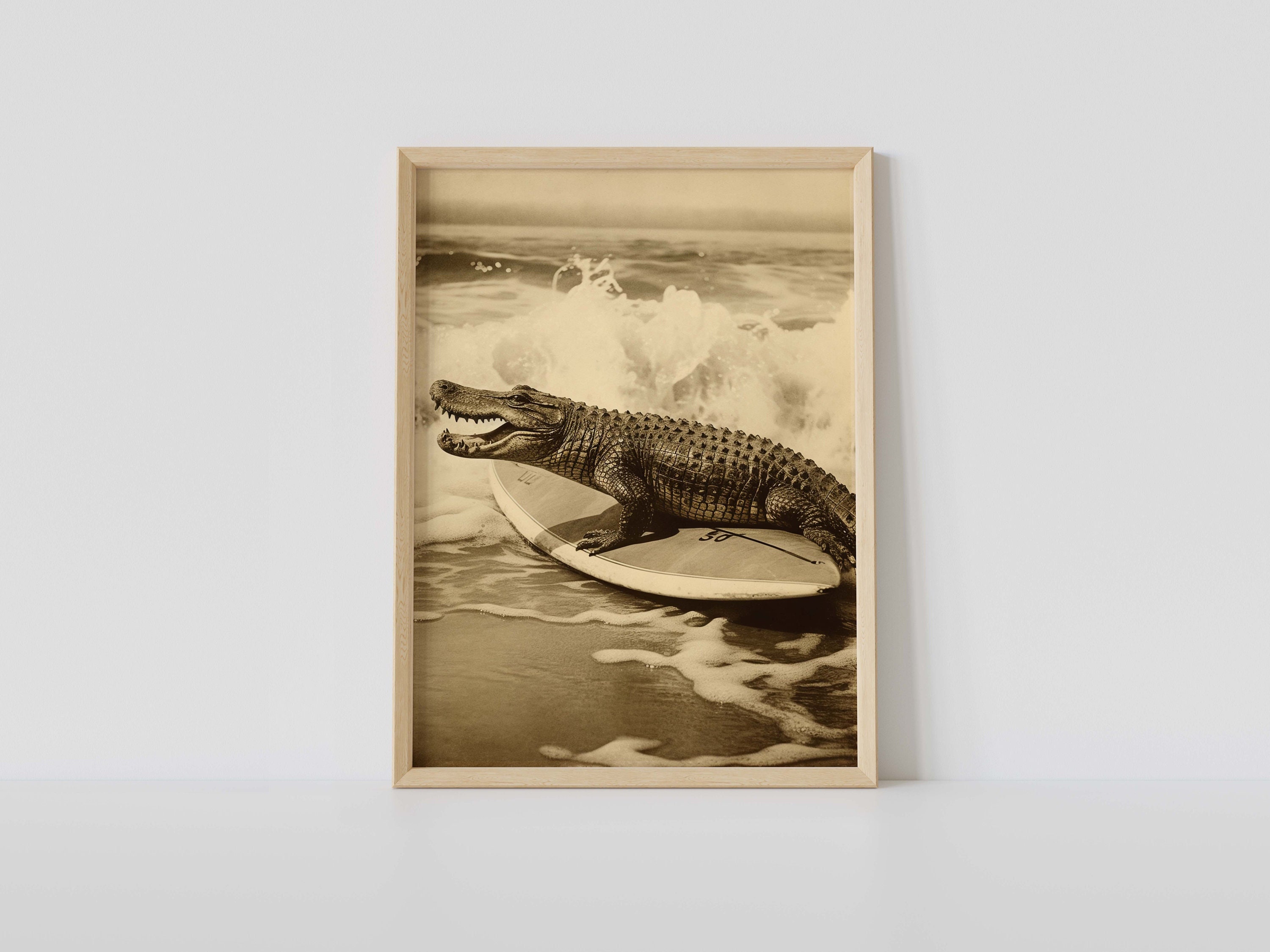Gator Surfing | Photographic Style | Coastal Decor | Beach Wall Art | V1 | Vertical Poster | 18x24