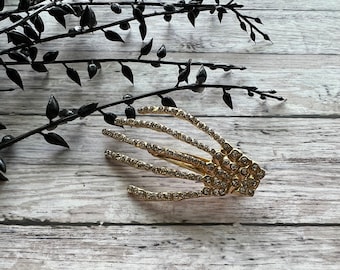 Set of Two Gold Skeleton Hand Hair Clips, Rhinestone Spooky  display picture 3