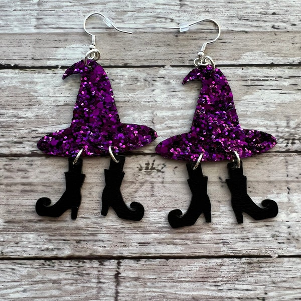 Halloween Earrings. | Witch Hat Earrings. | Witch Hat with Boots Earrings. | Vegan Leather Earrings.