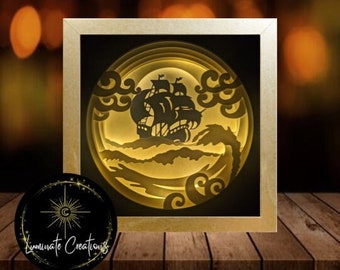 Ship at Sea Light Shadow Box-sjabloon - digitaal downloadbestand (alleen) 3D-papier gesneden SVG-bestand