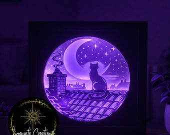 Sjabloon Rooftop Cat Shadow Box - digitaal downloadbestand (alleen) 3D-papier gesneden SVG-bestand