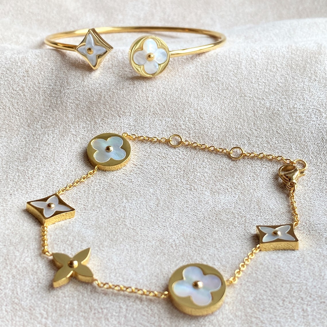 Four Leaf Clover & Flower Bracelet Mother of Pearl Gold Etsy