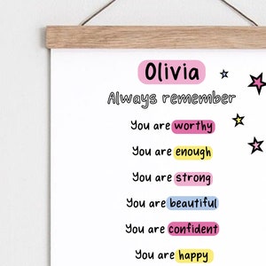 Girls Personalised Positive Affirmations Print Girls Bedroom Decor Motivational Poster Playroom Rainbow Wall Art Playroom wall art image 4