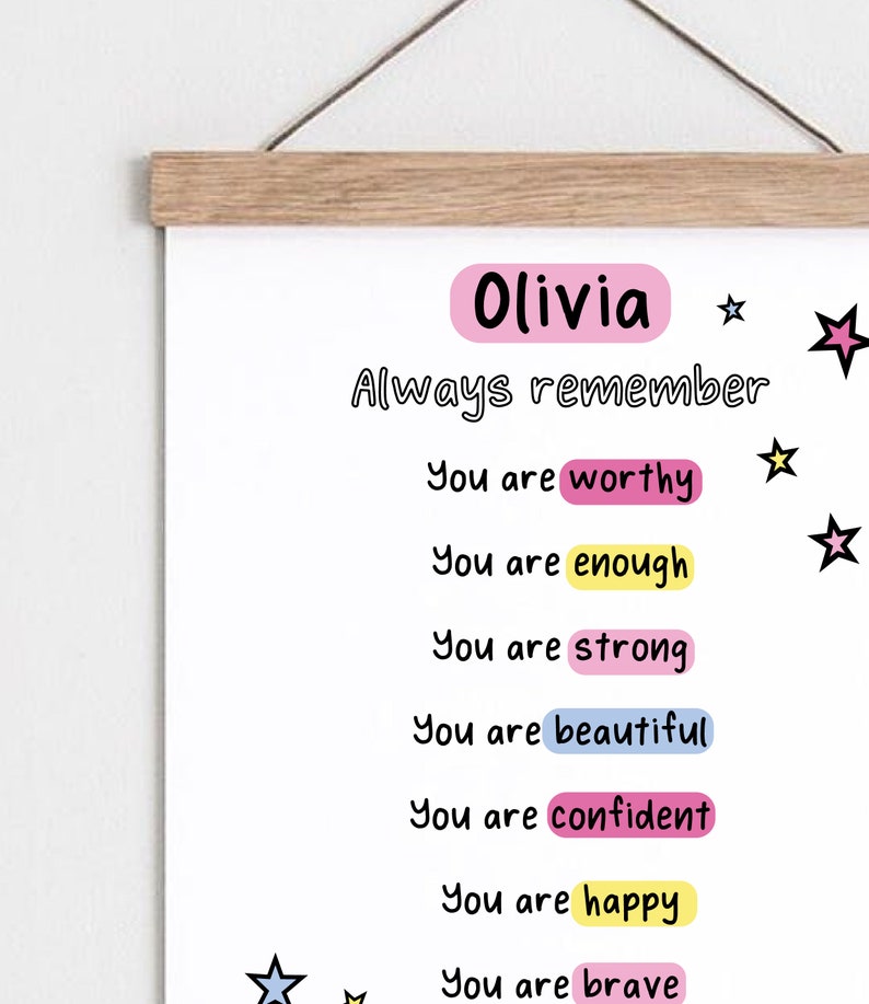 Girls Personalised Positive Affirmations Print Girls Bedroom Decor Motivational Poster Playroom Rainbow Wall Art Playroom wall art image 4