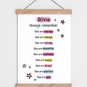 Girls Personalised Positive Affirmations Print Girls Bedroom Decor Motivational Poster Playroom Rainbow Wall Art Playroom wall art image 2