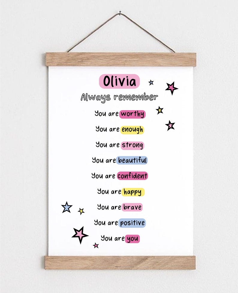 Girls Personalised Positive Affirmations Print Girls Bedroom Decor Motivational Poster Playroom Rainbow Wall Art Playroom wall art image 2